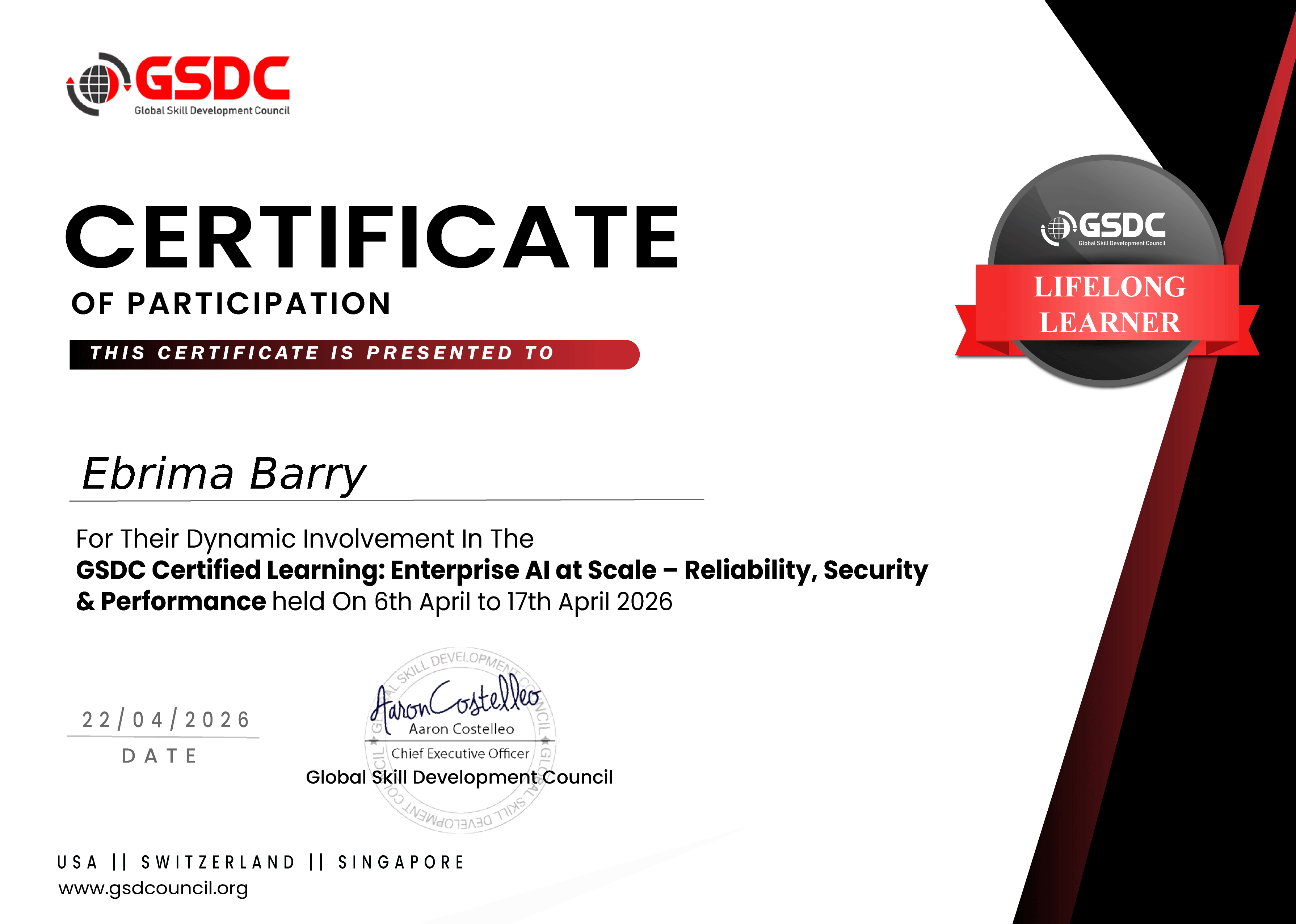 GSDC Certificate of Participation