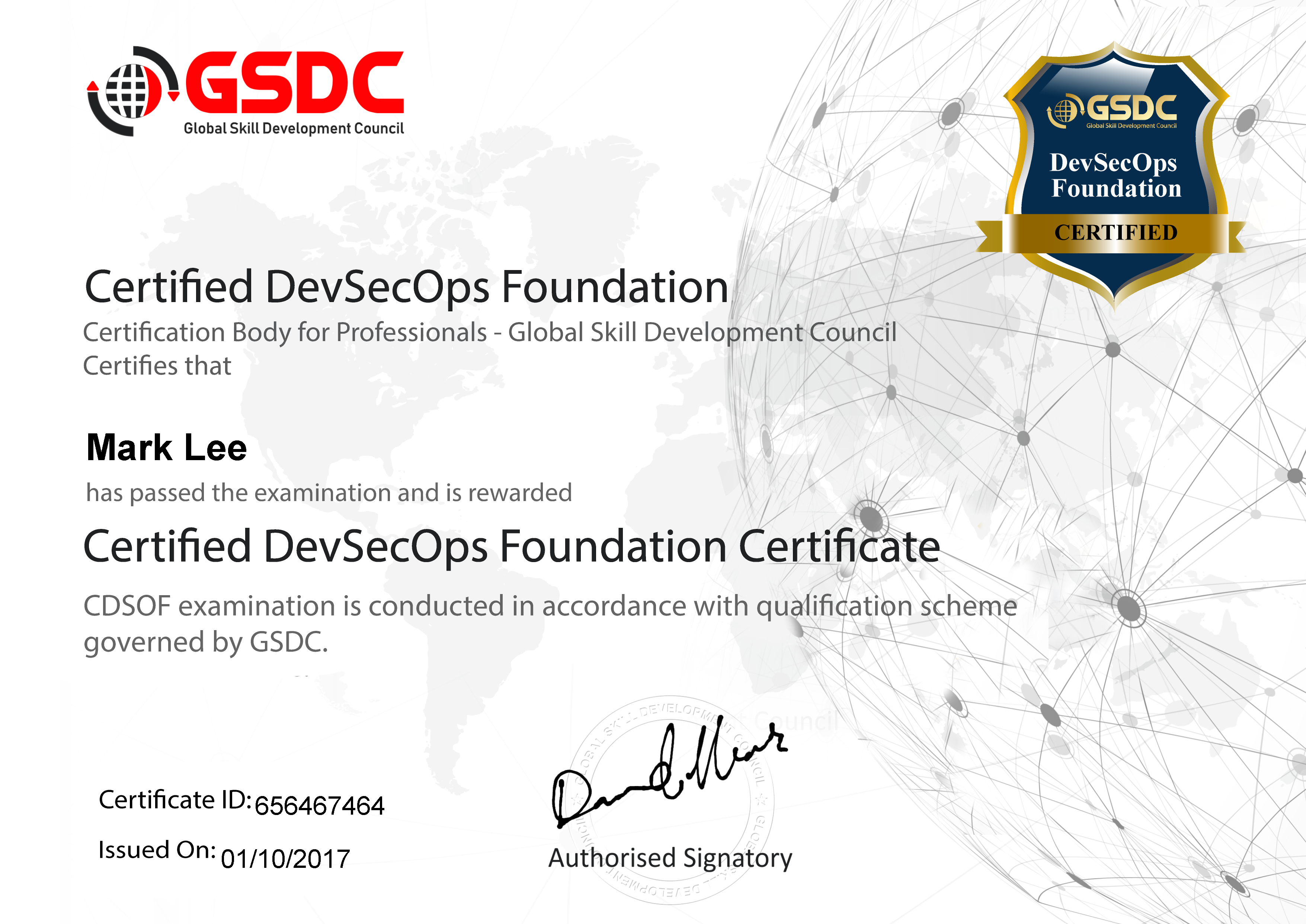 Sample of devsecops foundation certificate