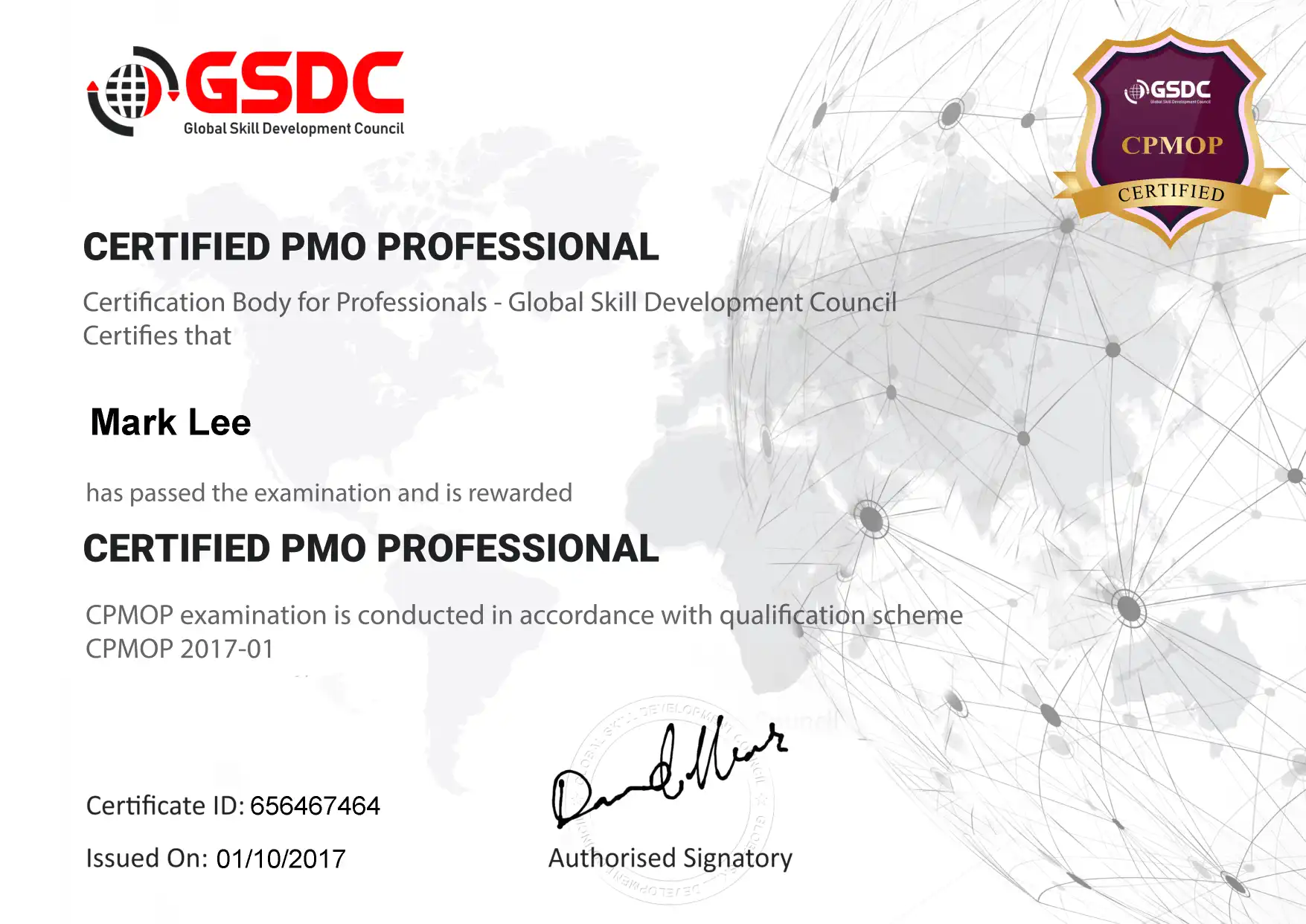 PMO Professional Sample Certificate